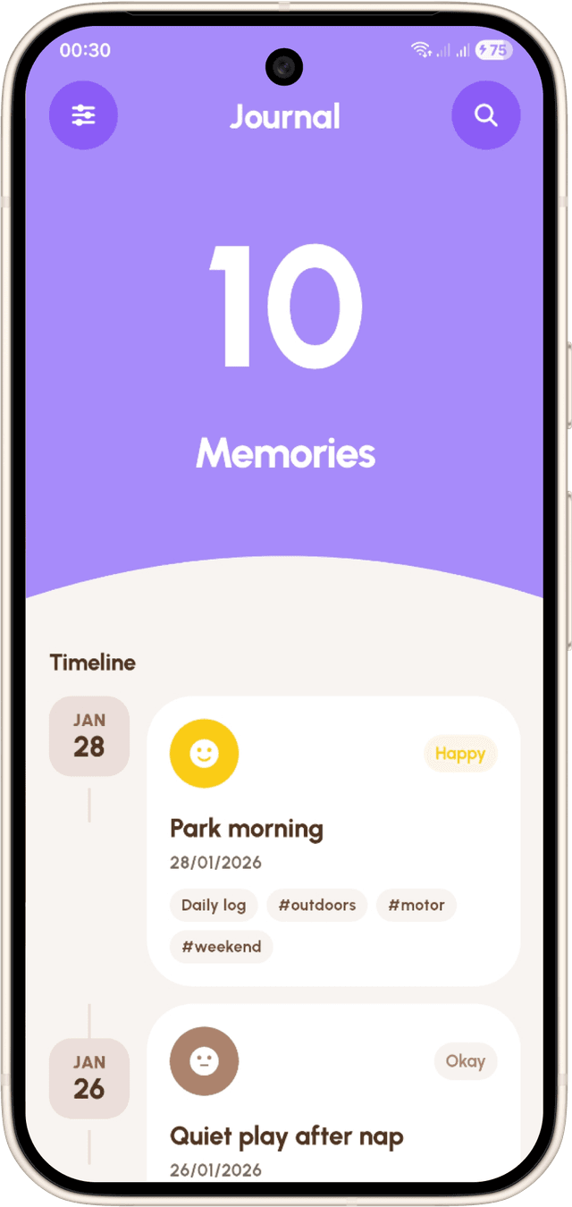 Milestory journal memory timeline screen